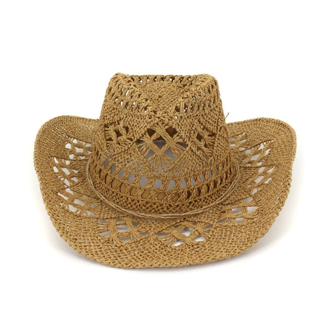 Fashion Hollowed Handmade Cowboy Straw Hat Women Men Summer Outdoor Travel Beach Hats Unisex Solid Western Sunshade Cap CP0192