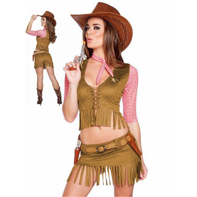 Sexy Cowgirl Costume Halloween Party Cowboy Costume For Adult Women Cowgirl Cosplay Western Dress Suit Top + Skirt + Hat + Belt