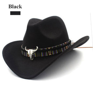 Ethnic Style Cowboy Hat Fashion Chic Unisex Solid Color Jazz Hat With Bull Shaped Decor Western Cowboy Hats
