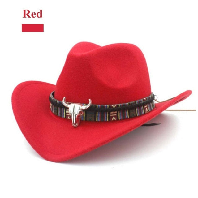 Ethnic Style Cowboy Hat Fashion Chic Unisex Solid Color Jazz Hat With Bull Shaped Decor Western Cowboy Hats