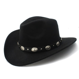 LUCKYLIANJI 100% Wool Felt  Kid Child / Women Men Western Cowboy Hat With Wide Brim Punk Leather Belt  Jazz Cap (61cm/57cm/54cm)