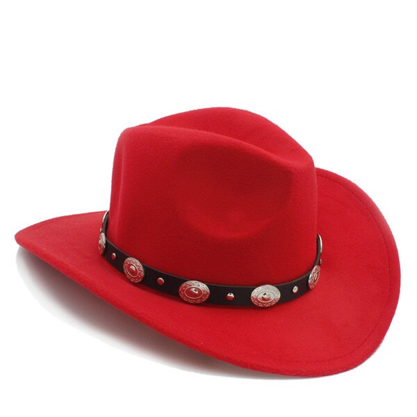 LUCKYLIANJI 100% Wool Felt  Kid Child / Women Men Western Cowboy Hat With Wide Brim Punk Leather Belt  Jazz Cap (61cm/57cm/54cm)